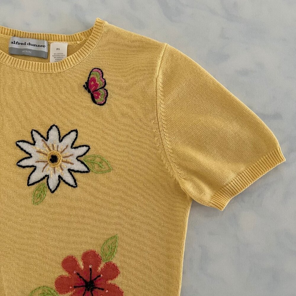 Alfred Dunner Bright Yellow Petite Floral Embroidered Short Sleeve Blouse - Picture 3 of 8
